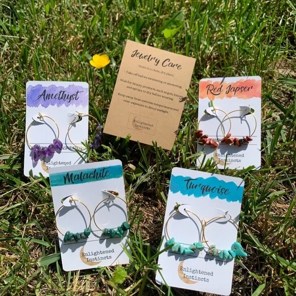 Malachite Gemstone Hoop Earrings - Picture 5 of 7